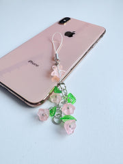 Dainty Lily of the Valley Phone Charm – Pink Flower Leaf Beaded Keychain – Phone, Bag, Key Accessory