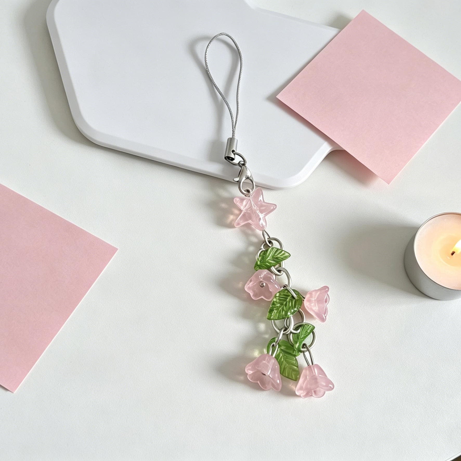 Dainty Lily of the Valley Phone Charm – Pink Flower Leaf Beaded Keychain – Phone, Bag, Key Accessory