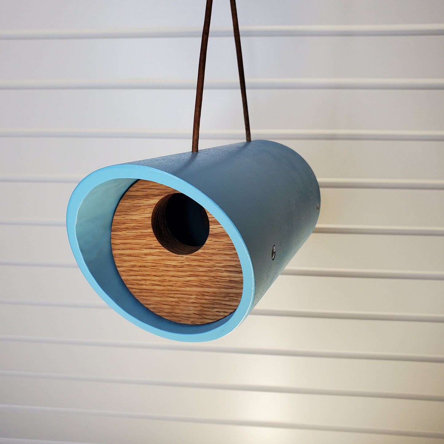 Modern Aqua Round Tube Birdhouse with Solid Oak
