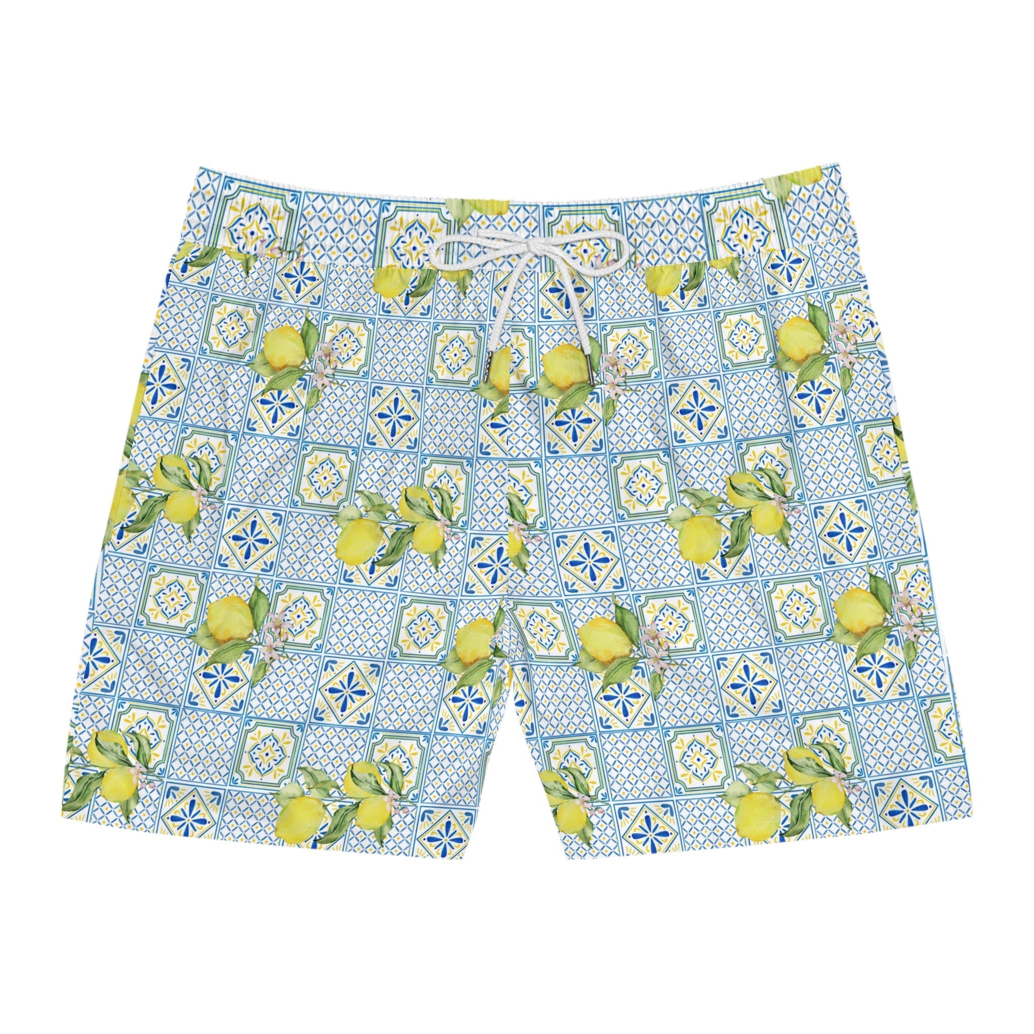 Men's Italian Lemon Mosaic Swim Shorts: Mid-Length Beachwear
