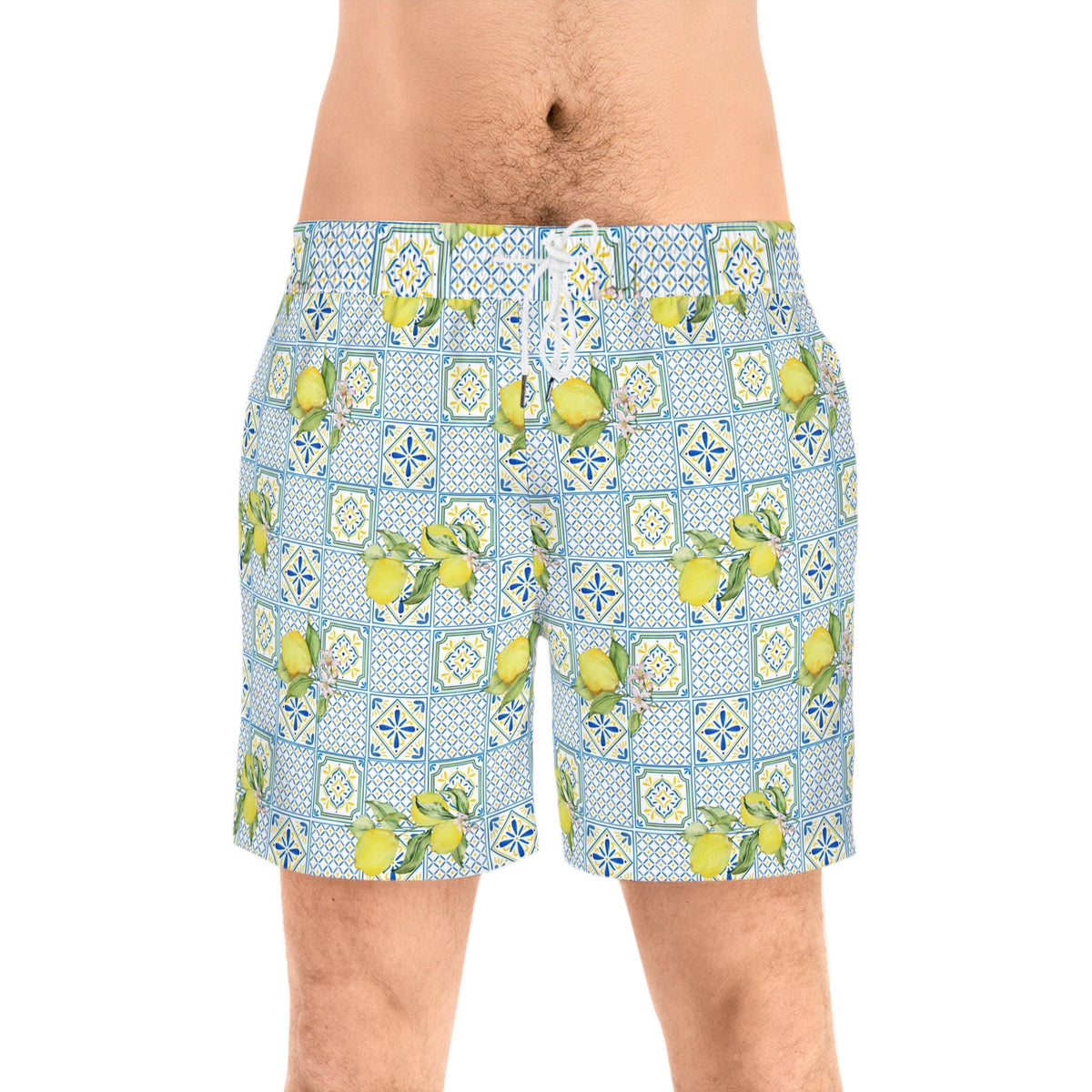 Men's Italian Lemon Mosaic Swim Shorts: Mid-Length Beachwear