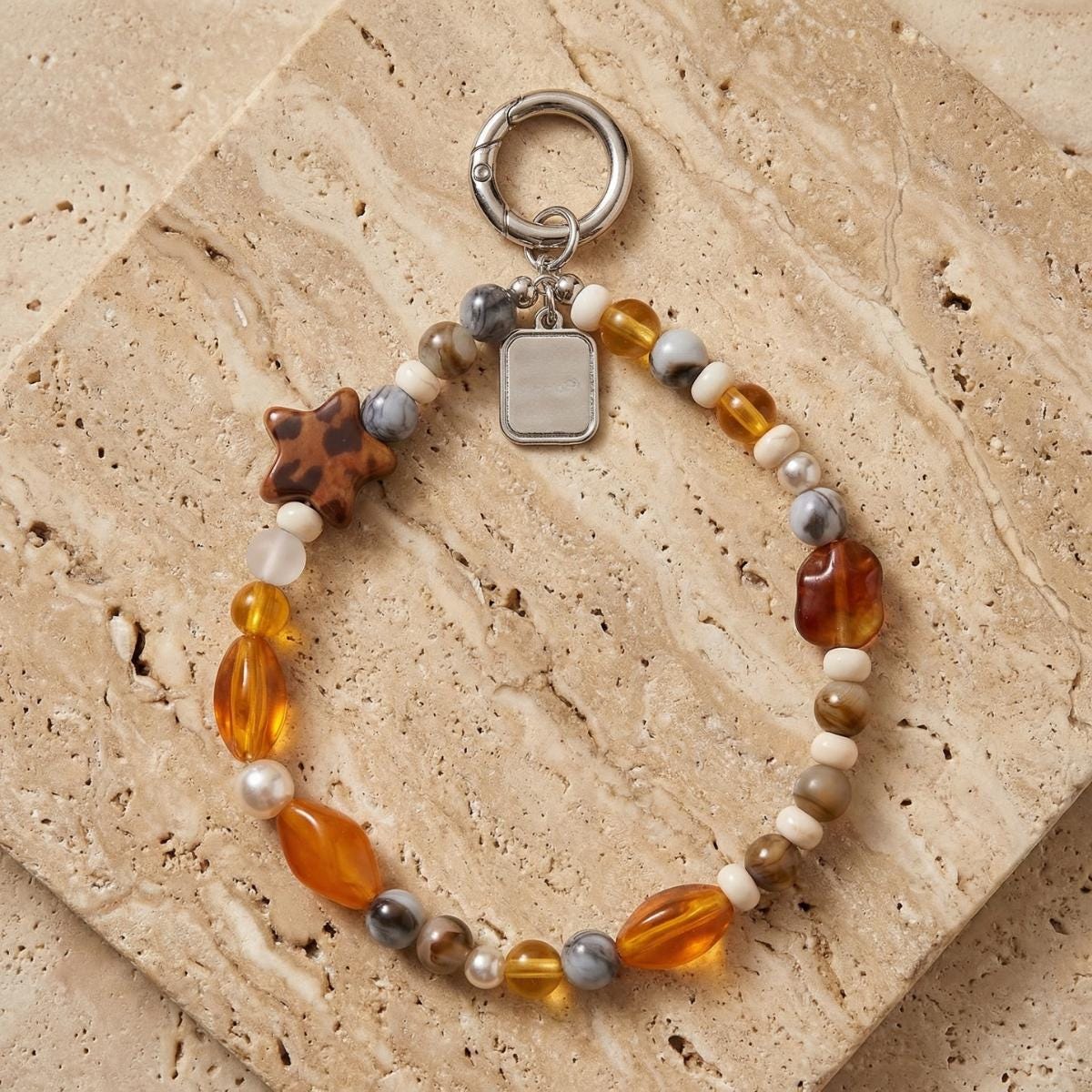 Beaded Phone Charm Wrist Strap, Amber Brown Phone Lanyard, Cute Bead Phone Strap, Aesthetic Bag Charm