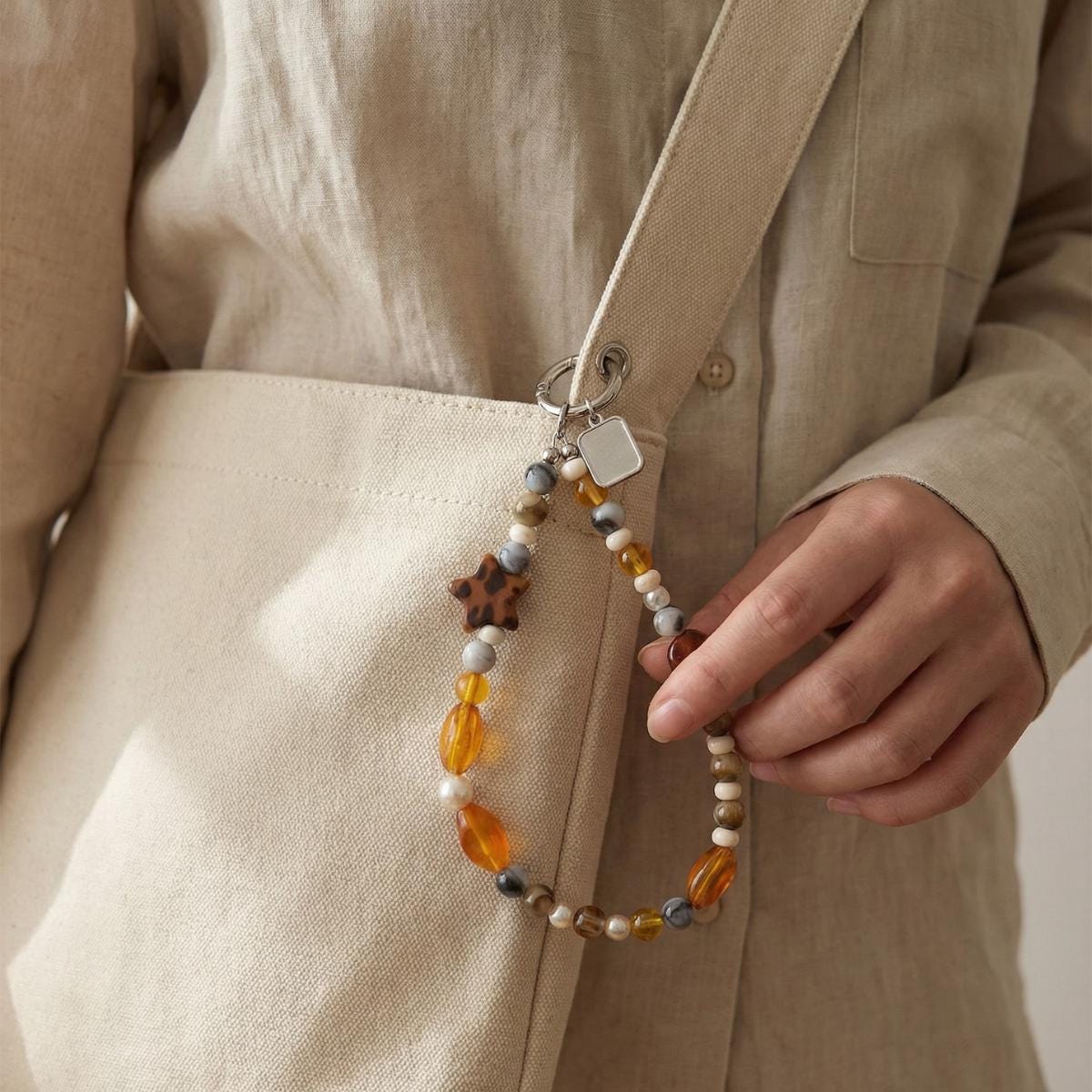 Beaded Phone Charm Wrist Strap, Amber Brown Phone Lanyard, Cute Bead Phone Strap, Aesthetic Bag Charm
