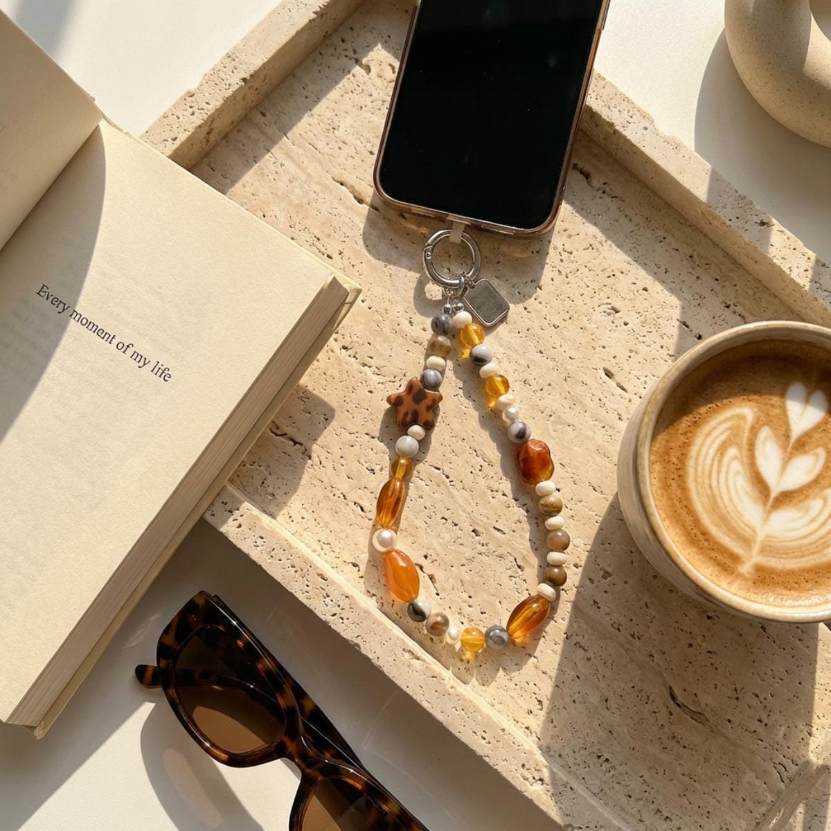 Beaded Phone Charm Wrist Strap, Amber Brown Phone Lanyard, Cute Bead Phone Strap, Aesthetic Bag Charm
