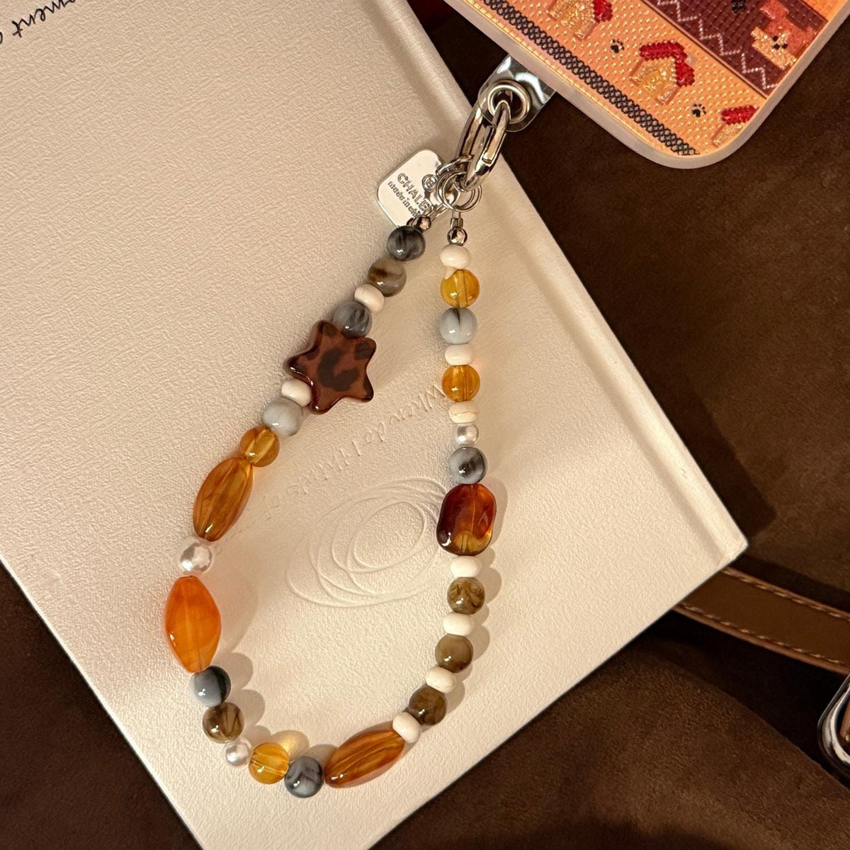 Beaded Phone Charm Wrist Strap, Amber Brown Phone Lanyard, Cute Bead Phone Strap, Aesthetic Bag Charm
