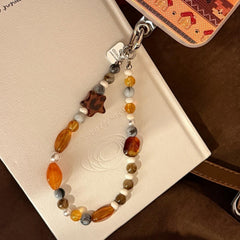 Beaded Phone Charm Wrist Strap, Amber Brown Phone Lanyard, Cute Bead Phone Strap, Aesthetic Bag Charm