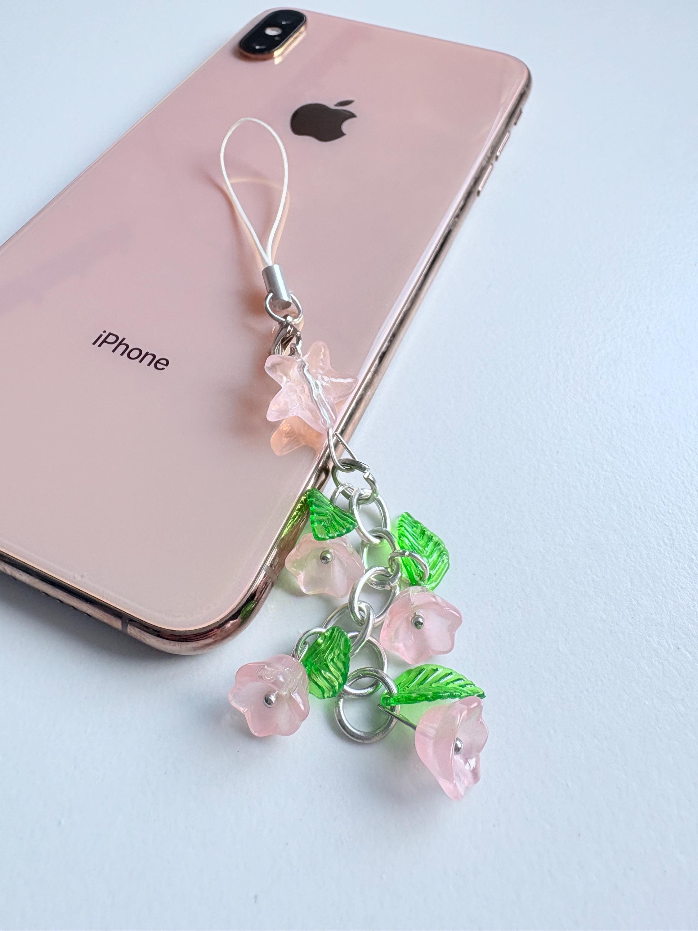 Dainty Lily of the Valley Phone Charm – Pink Flower Leaf Beaded Keychain – Phone, Bag, Key Accessory