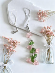 Dainty Lily of the Valley Phone Charm – Pink Flower Leaf Beaded Keychain – Phone, Bag, Key Accessory