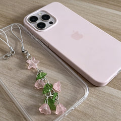 Dainty Lily of the Valley Phone Charm – Pink Flower Leaf Beaded Keychain – Phone, Bag, Key Accessory